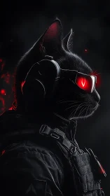 Midnight cyber-commando cat in neon red armor vigil mode.