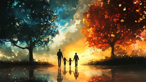 Family silhouettes between blue dusk and golden autumn glow.