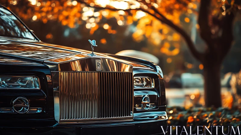 Autumn-lit luxury sedan grille rendered in cinematic bokeh