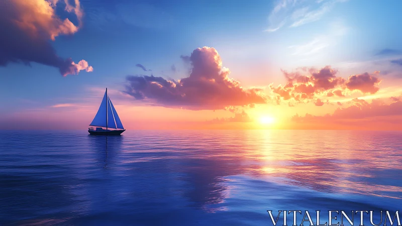 Solitary sailboat crosses calm ocean surface at sunset