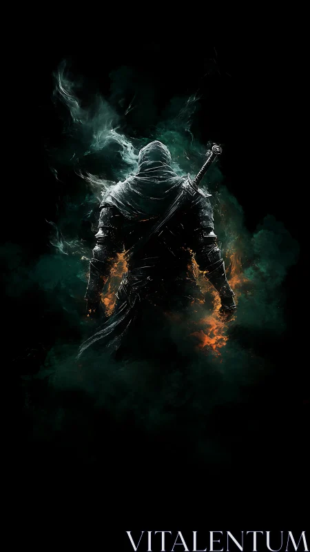 Hooded armored warrior with sword amid green and orange smoke.