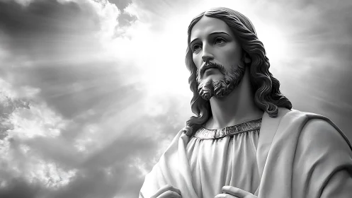 Monochrome digital rendering depicts robed bearded figure