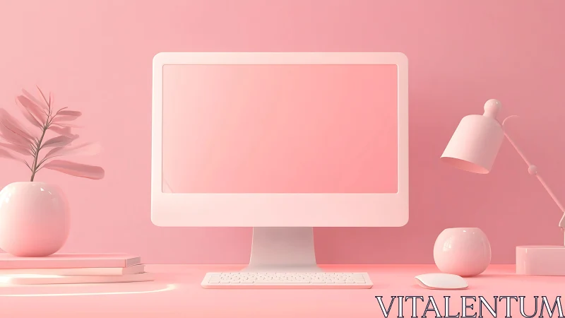 Soft pink workspace glows with a modern minimalist computer