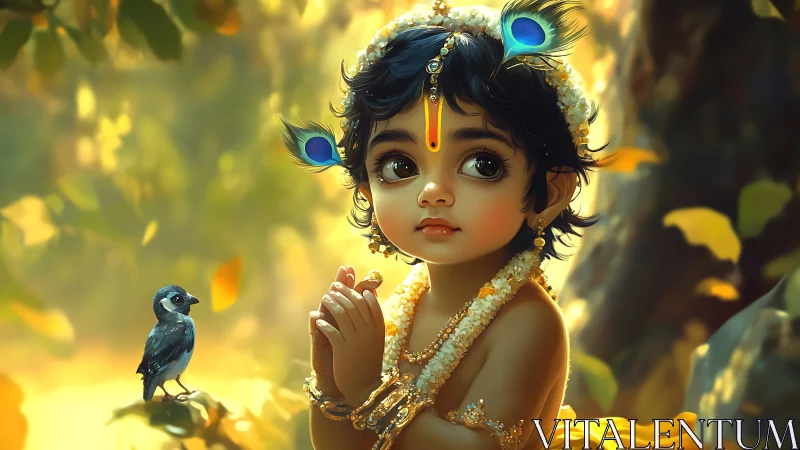 Child deity with peacock feathers in warm forest light.