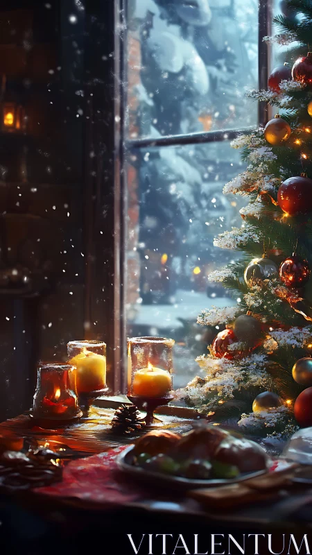 Cozy Christmas table glows beside snowlit window panorama.