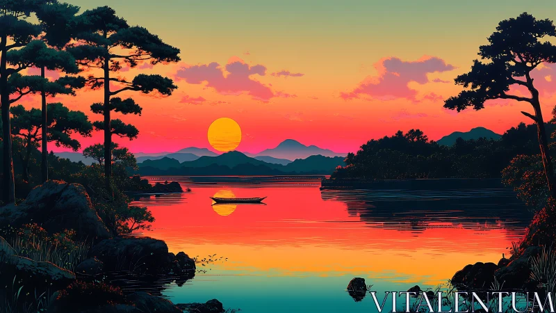 Neon-gradient lake sunset with silhouetted pines and boat