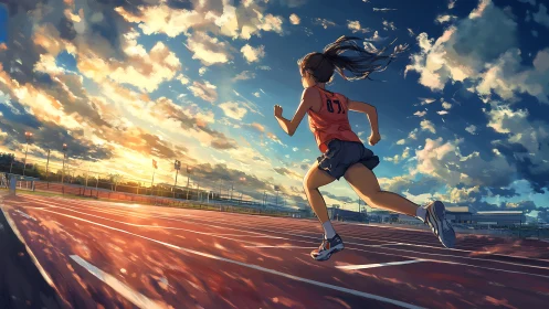 Anime track runner at sunset with dynamic perspective framing.
