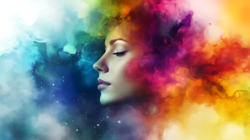 Dreaming profile merges with luminous abstract color cloud.