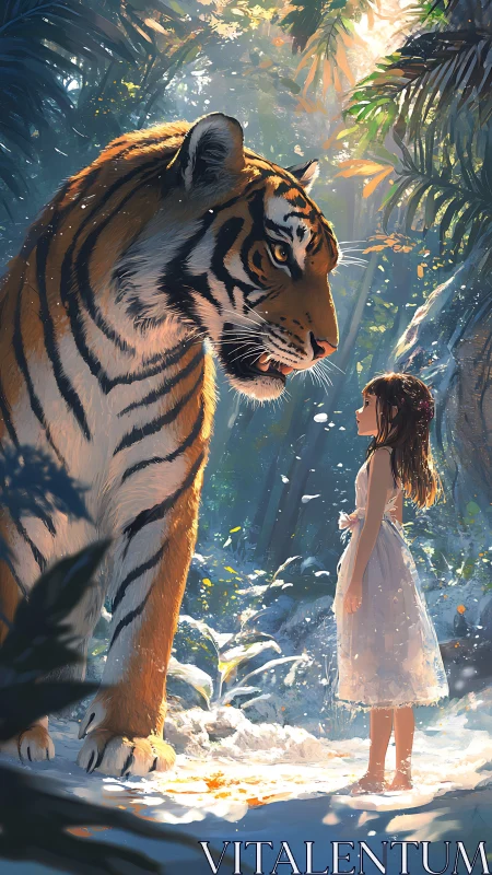Gentle tiger meets a brave young girl in a sunlit forest