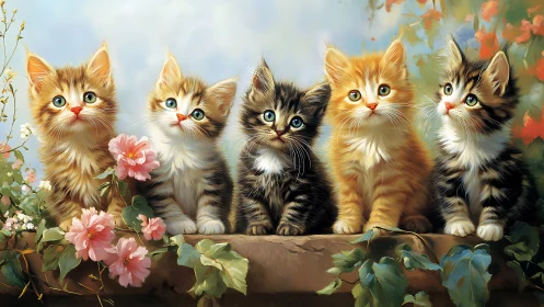 Five fluffy kittens with varied tabby, orange, and calico coat patterns arranged in linear compositi