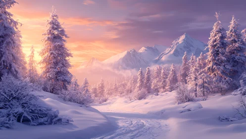 Snowy forest valley under pastel winter sunrise glow.
