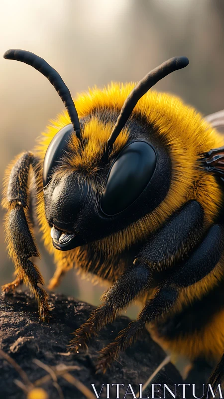 Macro portrait of fuzzy bee with golden thoracic plumage.