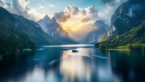 Mountain lake sunrise with lone boat and mirrored reflections.