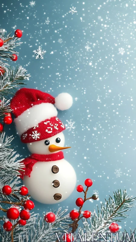 Playful snowman in red winter attire amid frosted berries.