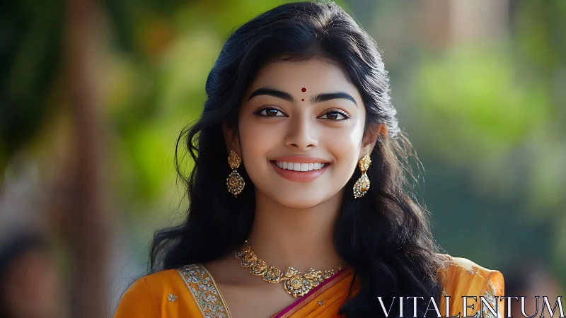 Portrait shows young woman in saree with jewelry outdoors