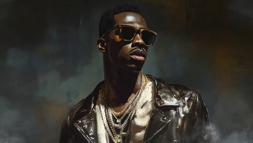 Cool confidence in gold chains and leather under soft light.