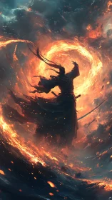 Fire-wreathed warrior dances within a storm of blazing sky.