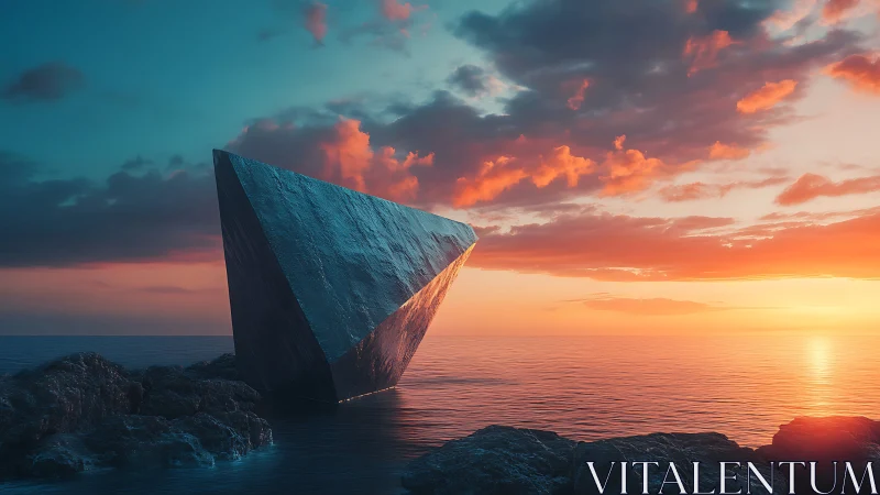 Mysterious monolith resting quietly in a glowing sea sunset.
