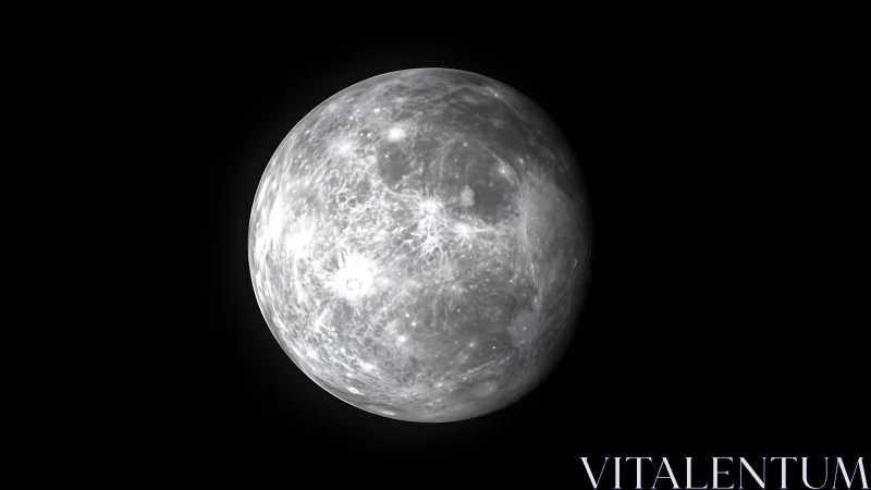 Silvery cratered moon globe drifting in deep black silence.