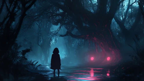 Child confronts glowing forest creature in misty moonlit swamp