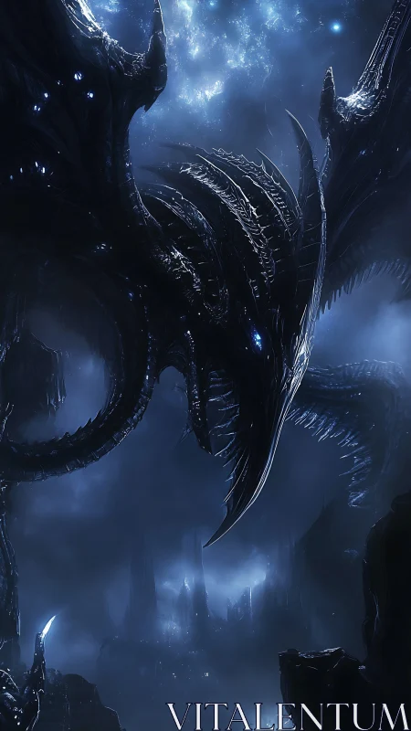 Starlit biomechanical dragon dominating nocturnal abyss.