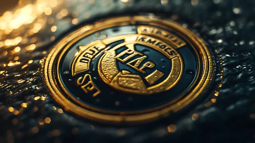 Metallic circular emblem rests on wet textured surface