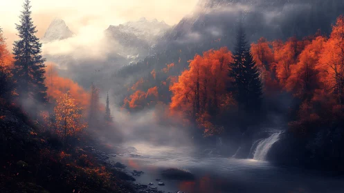 Foggy autumn river winds beneath misty snowcapped peaks