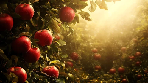 Golden hour illumination defines dewy red apples in orchard boughs