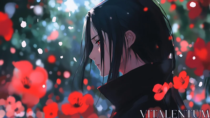 Side profile of somber anime character in red flowers.