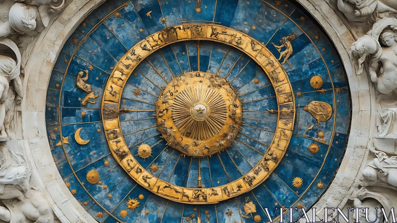 Circular astronomical dial presents zodiac figures in concentric bands