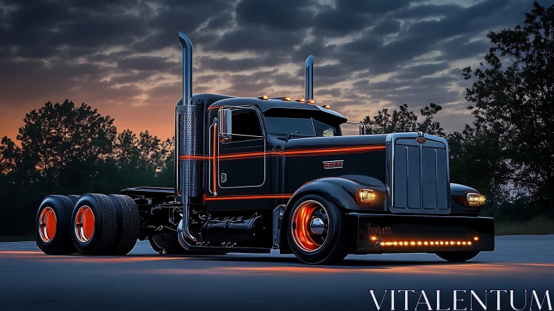 Custom black semi truck at dusk with orange accents.
