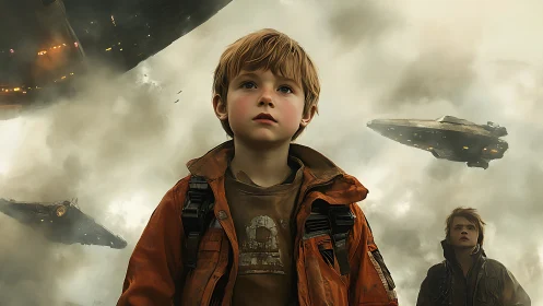 Children under large spacecraft in overcast sky environment.