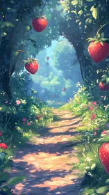Sunlit forest path with oversized strawberries and wildflowers