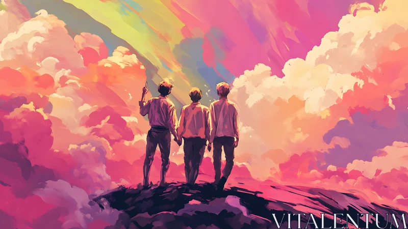 Three dreamers stand beneath a painted neon horizon.