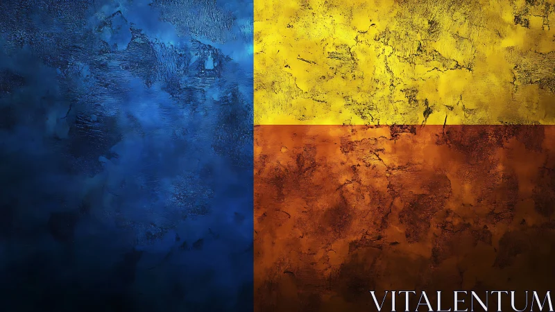 Textured blue and tricolor blocks evoke bold abstract balance.