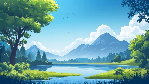 Gentle lakeside morning beneath quiet blue mountains.