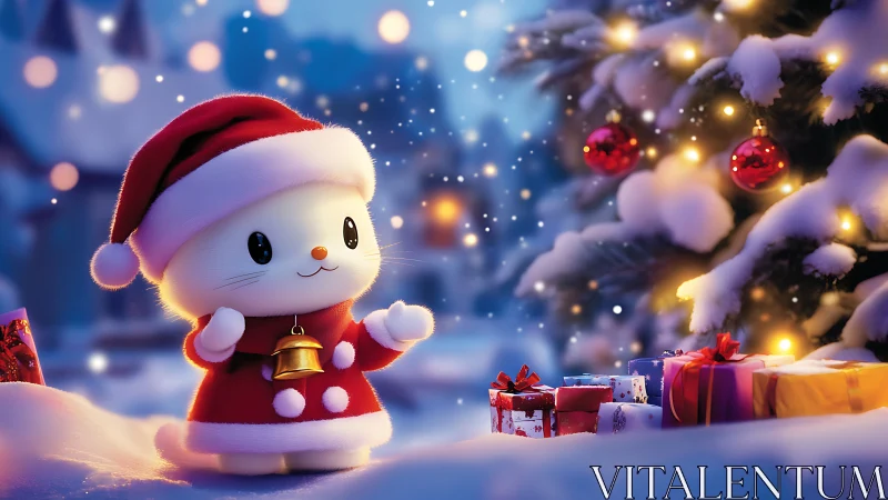 Sweet Christmas kitten in Santa coat sharing holiday cheer.