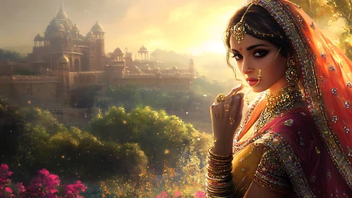 Regal Indian bride gazes over a glowing palace at sunset