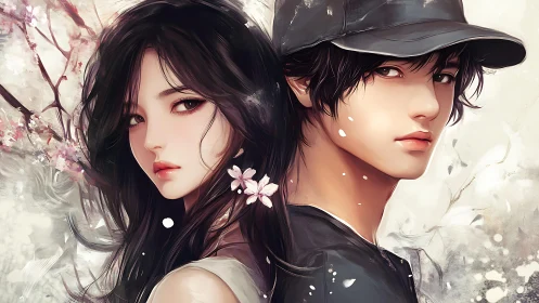 Spring lovers back to back under soft falling petals.