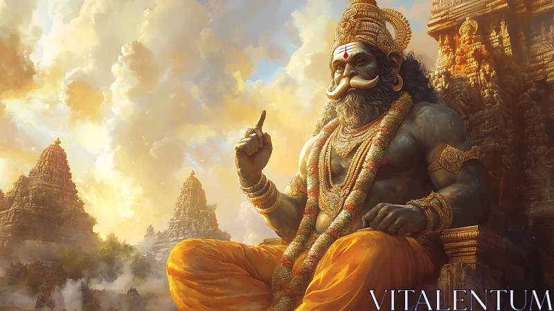 Seated mythological figure before ornate temple structures.