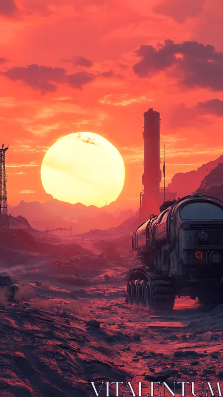 Sunset over desolate sci fi landscape with heavy rover.