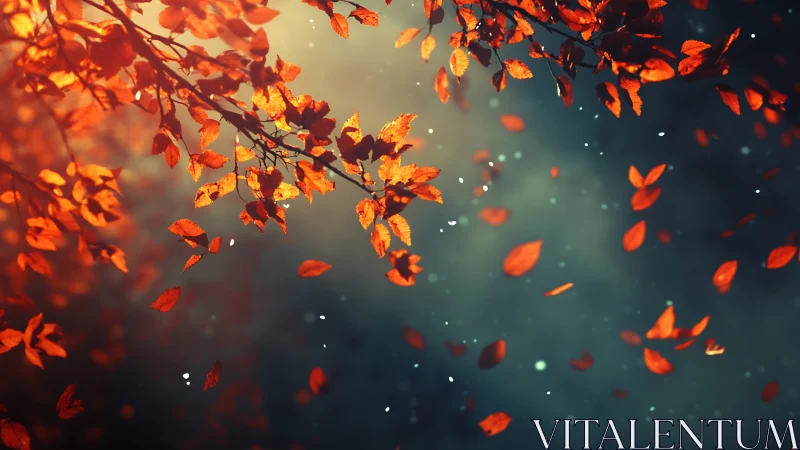 Gentle swirl of autumn leaves in dreamy twilight air.