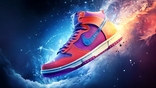 High-top sneaker rendered in luminous nebula-like background