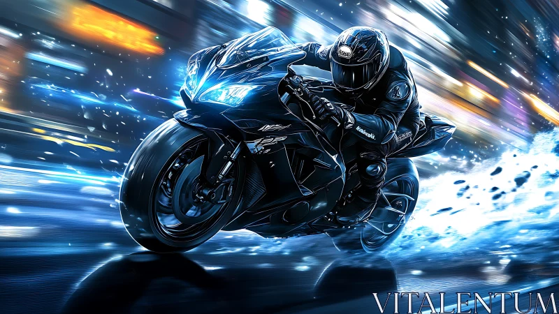 Futuristic superbike races through neon cityscape in kinetic blur