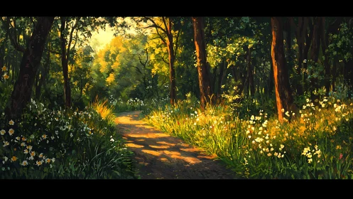 Sunlit woodland path with high-saturation digital foliage rendering.