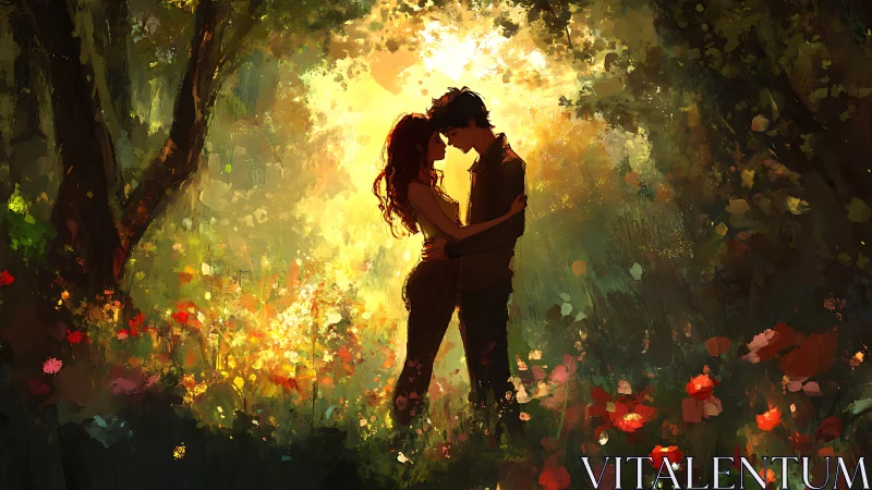 Romantic silhouettes intertwined within luminescent forest canopy with golden radiant light