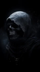 Hooded skeletal figure rendered in high-contrast digital chiaroscuro