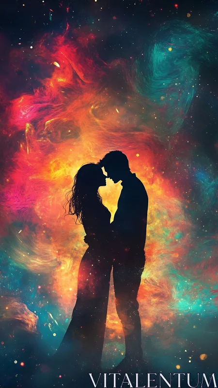 Two souls embrace as cosmic energies dance around them