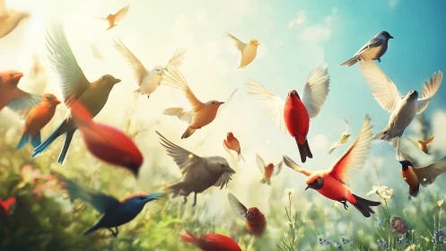 Colorful Birds in Flight Over Meadow, Soft Dreamlike Style.