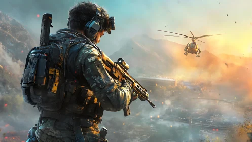 Stormbound soldier sights blazing chopper over war valley.